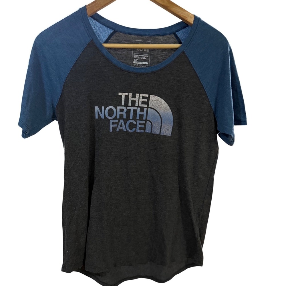 The North Face Womens Raglan T-Shirt Charcoal Blue Logo Graphic Tee Small S/P